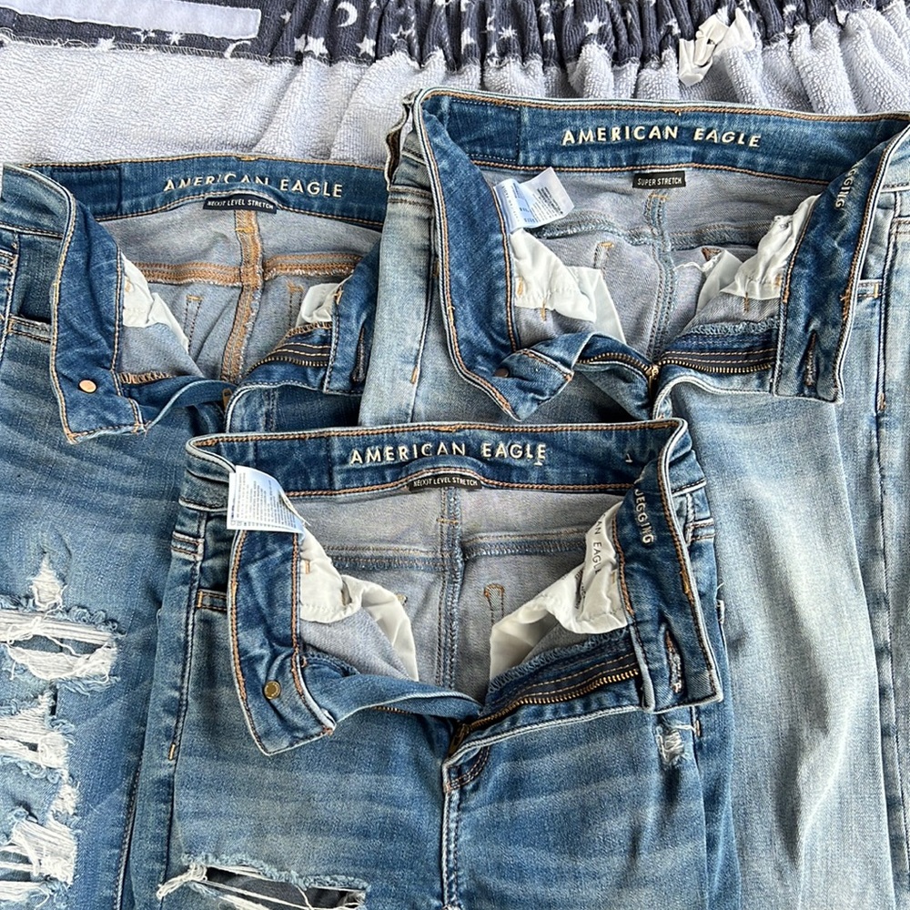 American Eagle, jeans, stretch, rips, light and dark denim